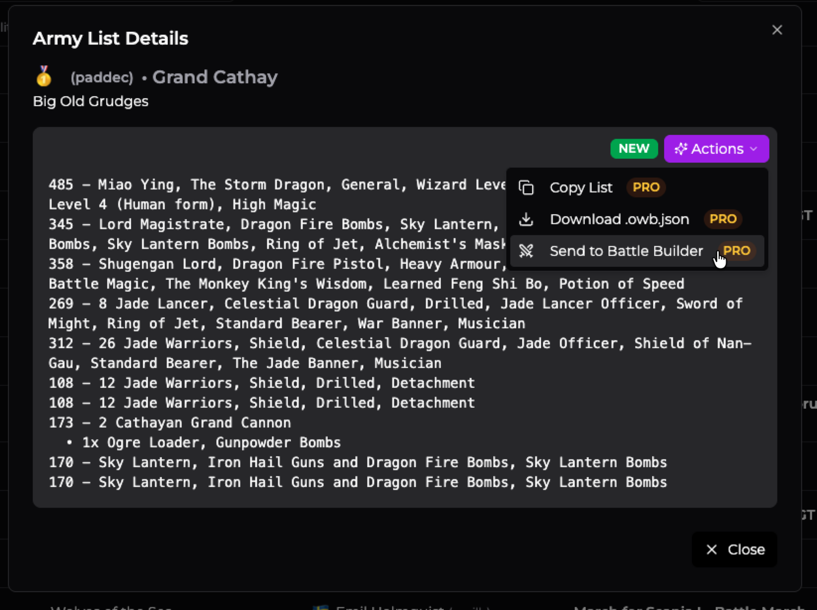 Army list details with Pro actions: Copy List, Download .owb.json, and Send to Battle Builder