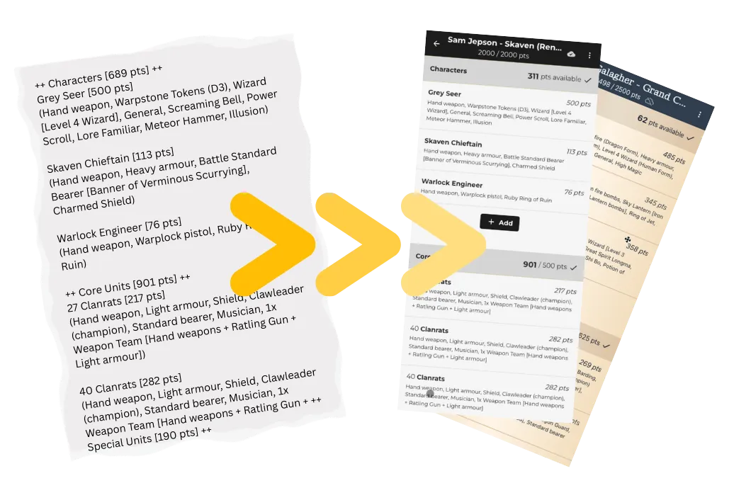 AI Smart Convert transforms plain-text army lists into fully interactive Battle Builder format