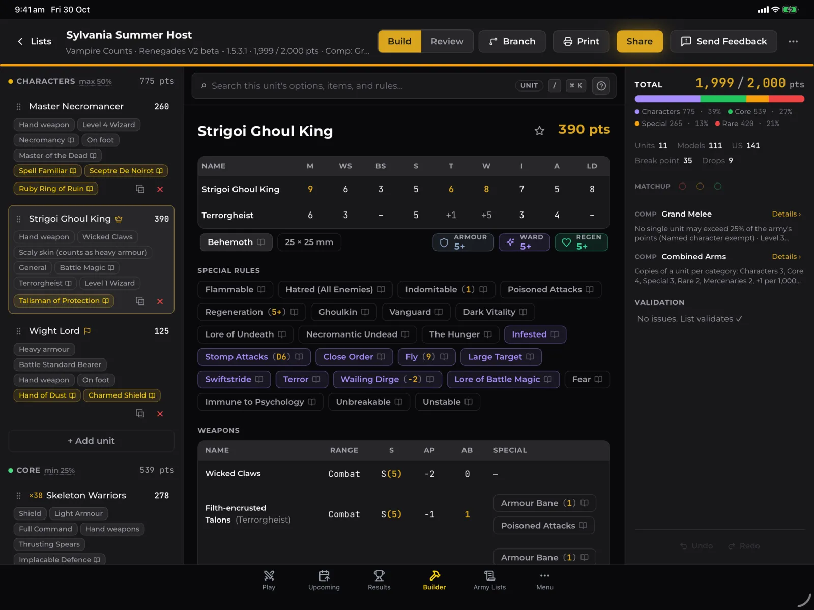 Battle Builder on iPad with an army list, a unit profile, special rules and the points totals