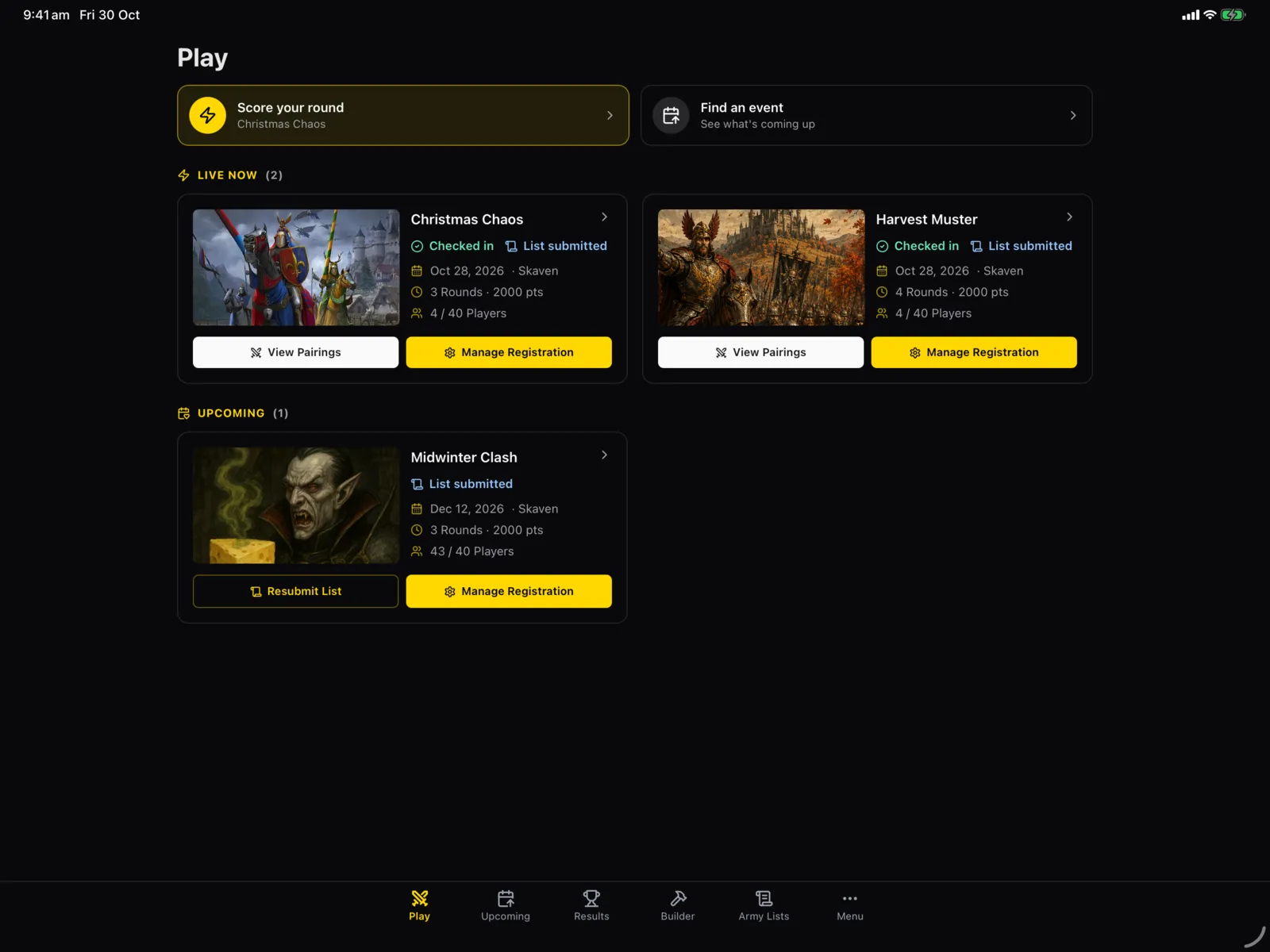 The Play tab on iPad with live events in two columns