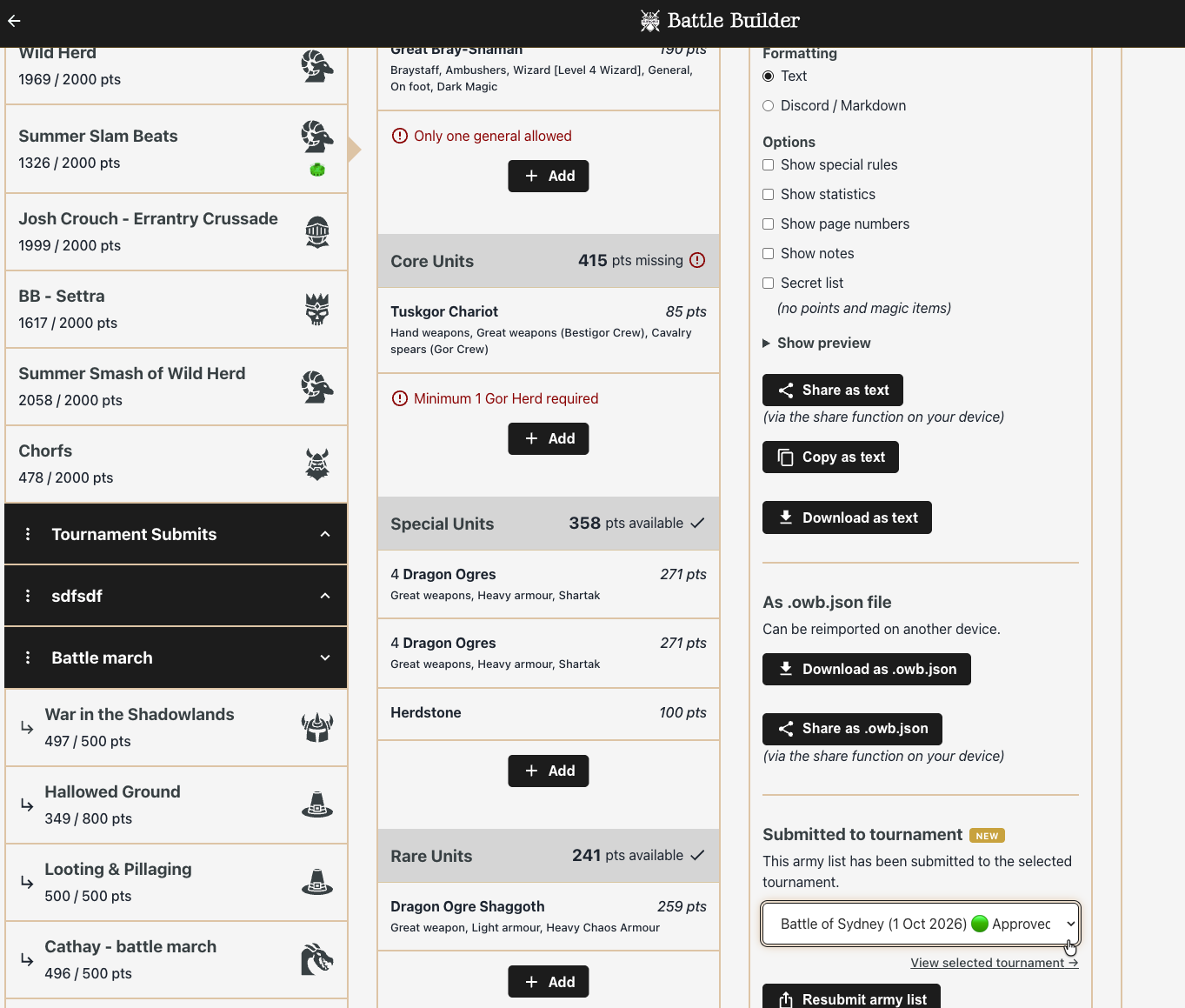 OWR Battle Builder showing army list creation with unit selection, validation, and tournament submission