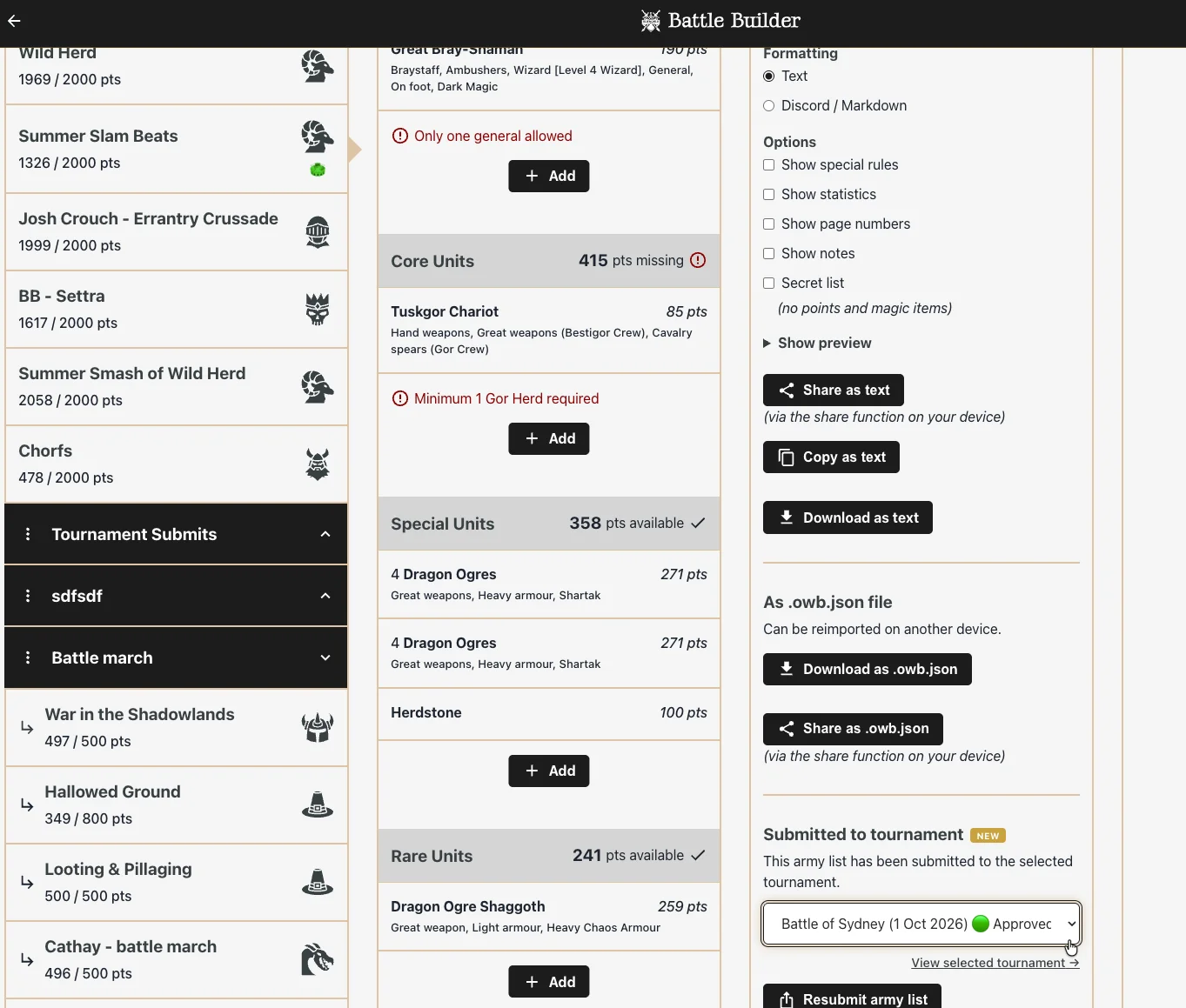Battle Builder army list editor on desktop