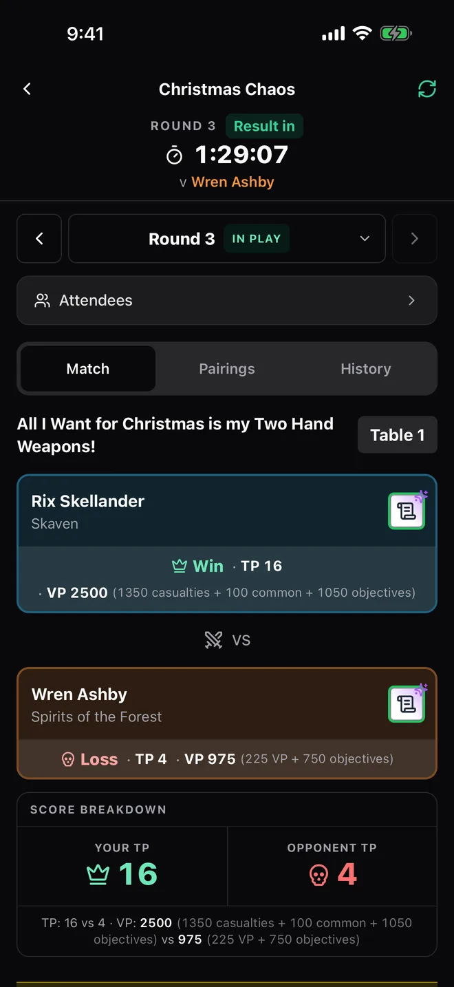 The Battle Hub after the game: result in, with the score breakdown sent to the event