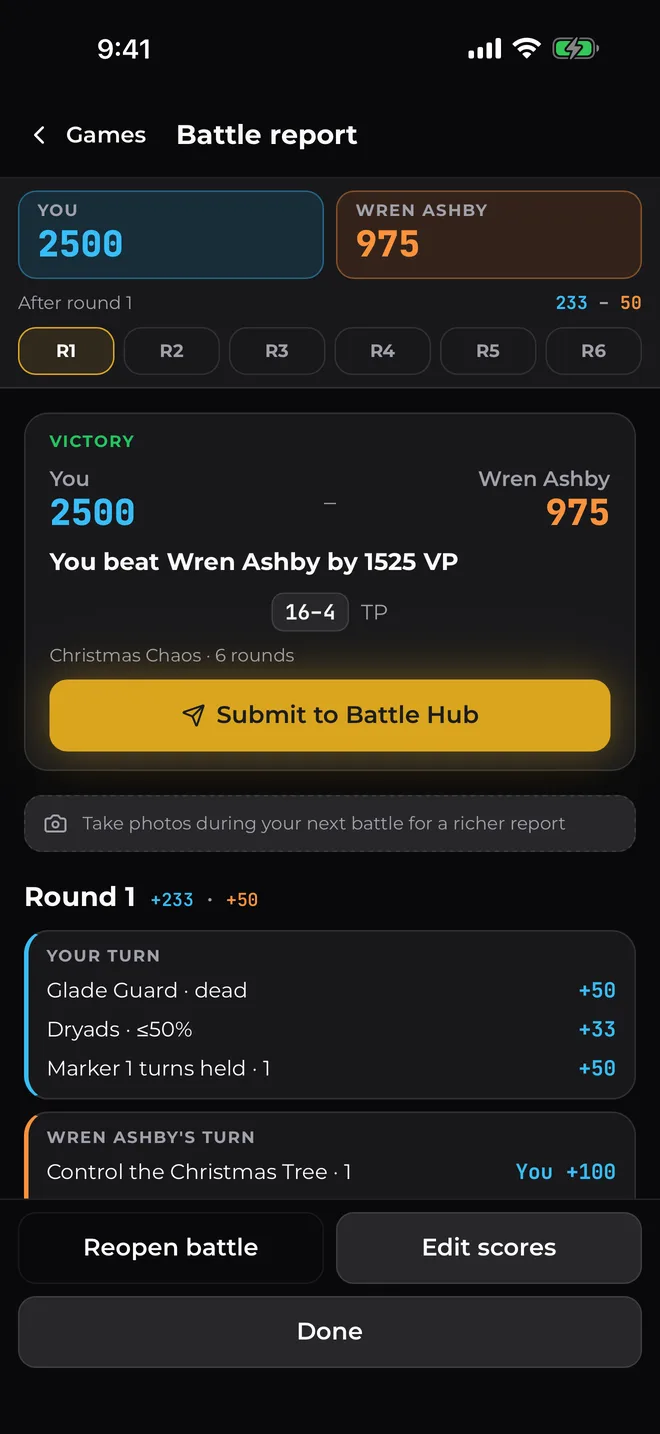 The battle report: a victory by 1525 VP, then round 1 with each turn and its scoring lines
