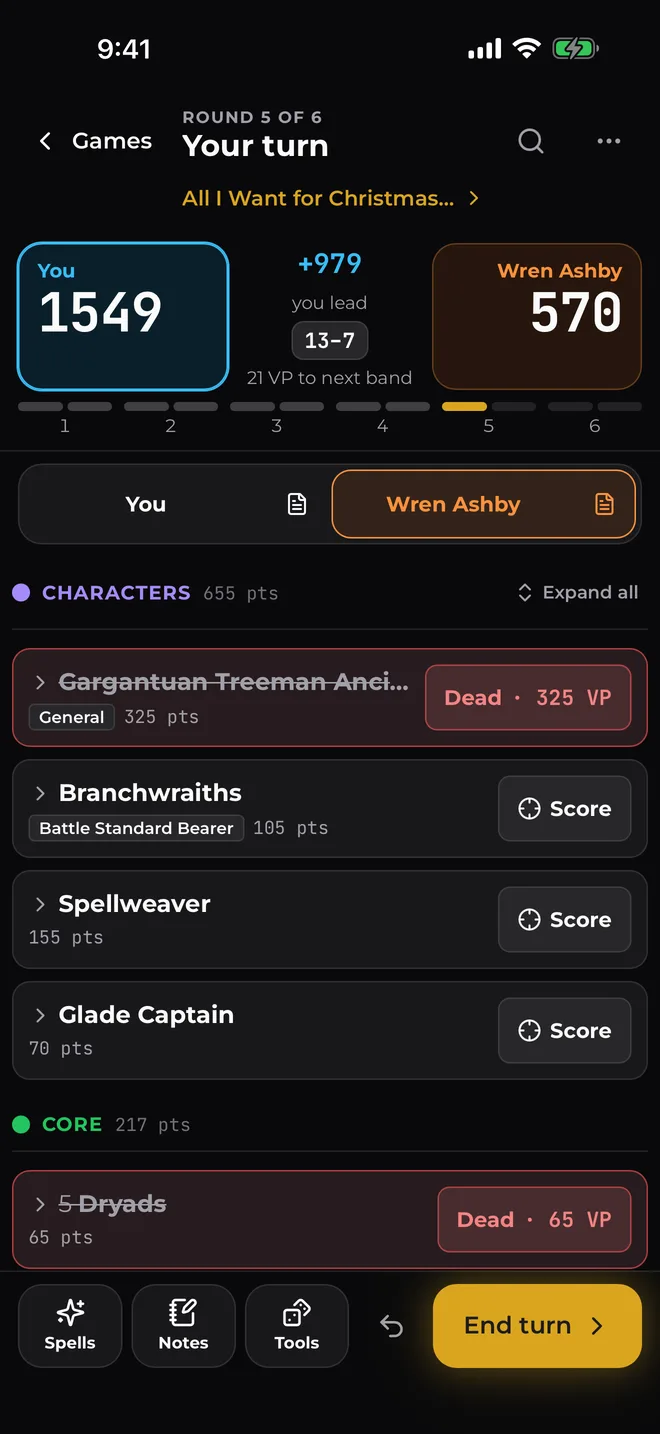 The Battle Scorer in round 5: both scores at the top, and units marked dead with their Victory Points