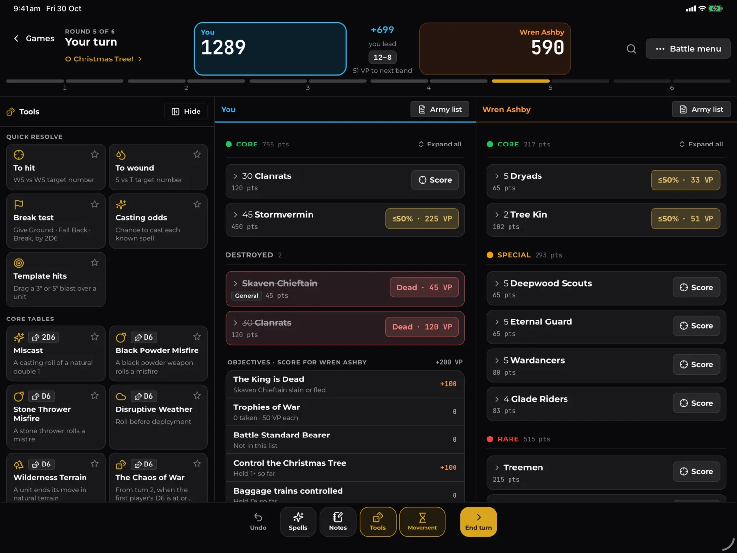 The Battle Scorer on iPad: tools down the side, both armies side by side, the score at the top and the Movement phase button at the bottom