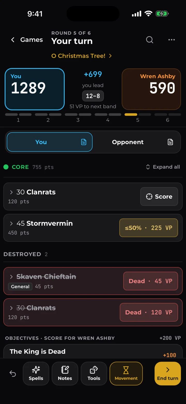 The Battle Scorer on iPhone in round 5: the running score, a Destroyed group with the Skaven Chieftain and Clanrats, and the Movement phase button
