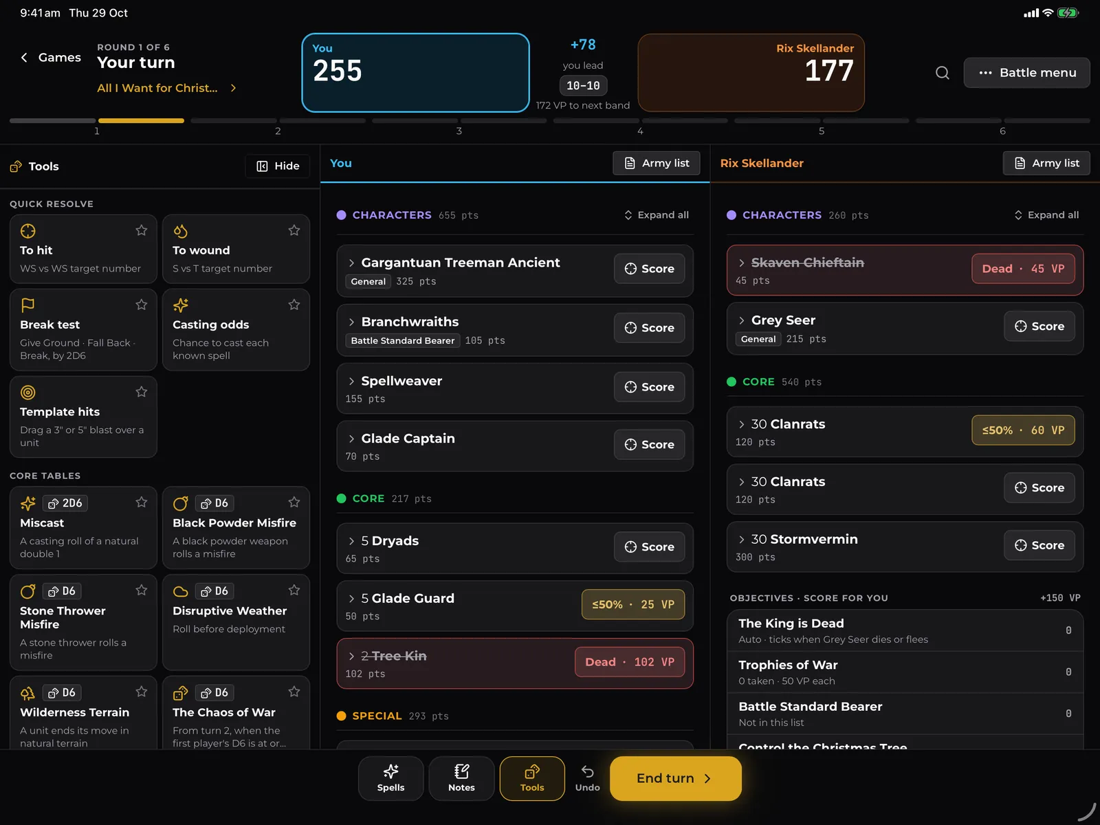 The Battle Scorer on iPad with the tools panel on the left and both armies side by side