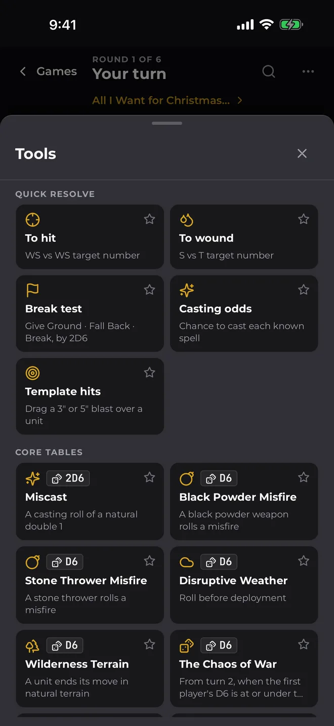 The tools panel: to hit, to wound, break test, casting odds, template hits and the core tables including Miscast