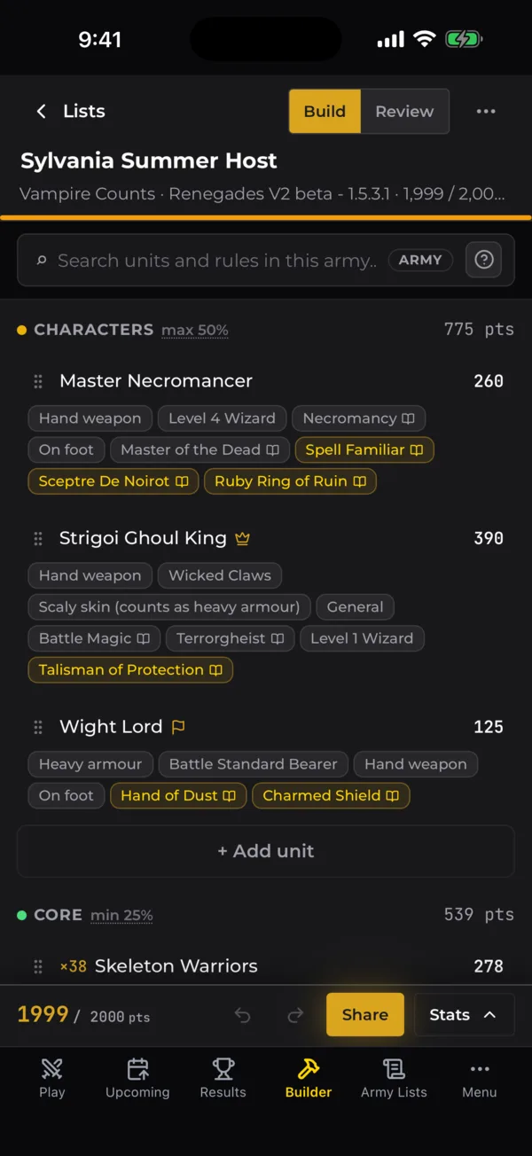 Battle Builder on iPhone: a Vampire Counts list with characters, their kit and points
