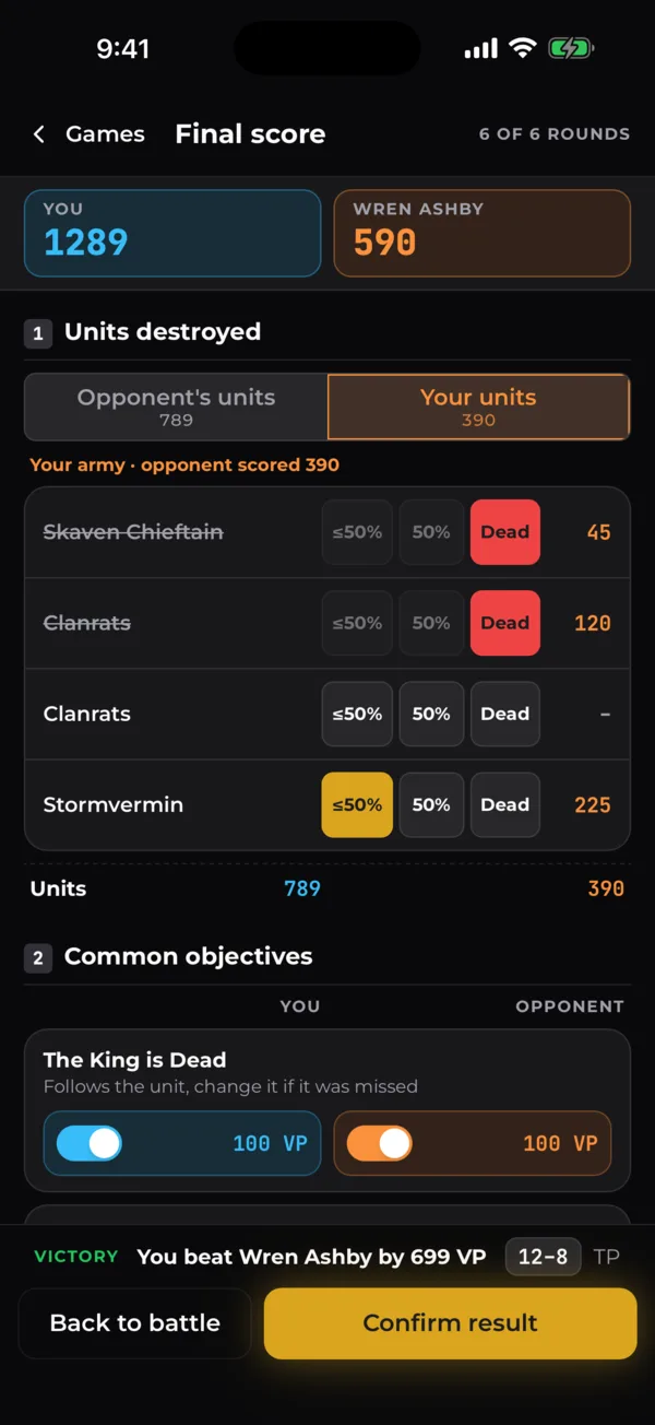 The final score screen: units destroyed for both sides and the common objectives, a victory by 699 VP