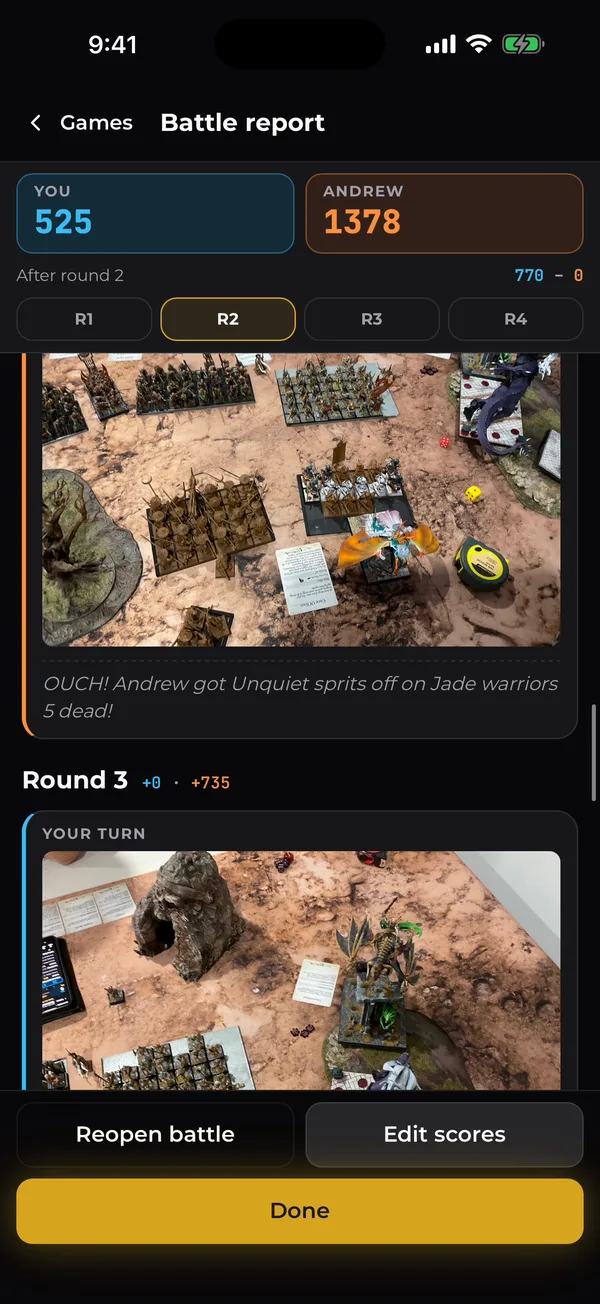 The battle report: round by round scores with photos taken at the table