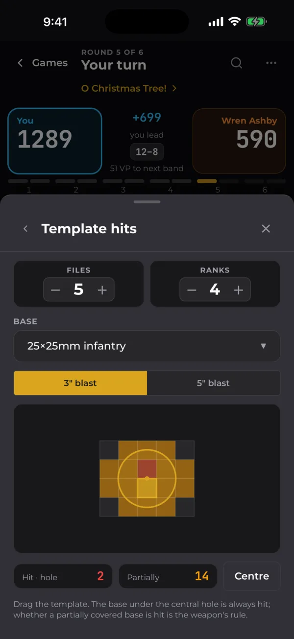 The template hits tool: 5 files by 4 ranks under a 3 inch blast, 2 hit and 14 partially