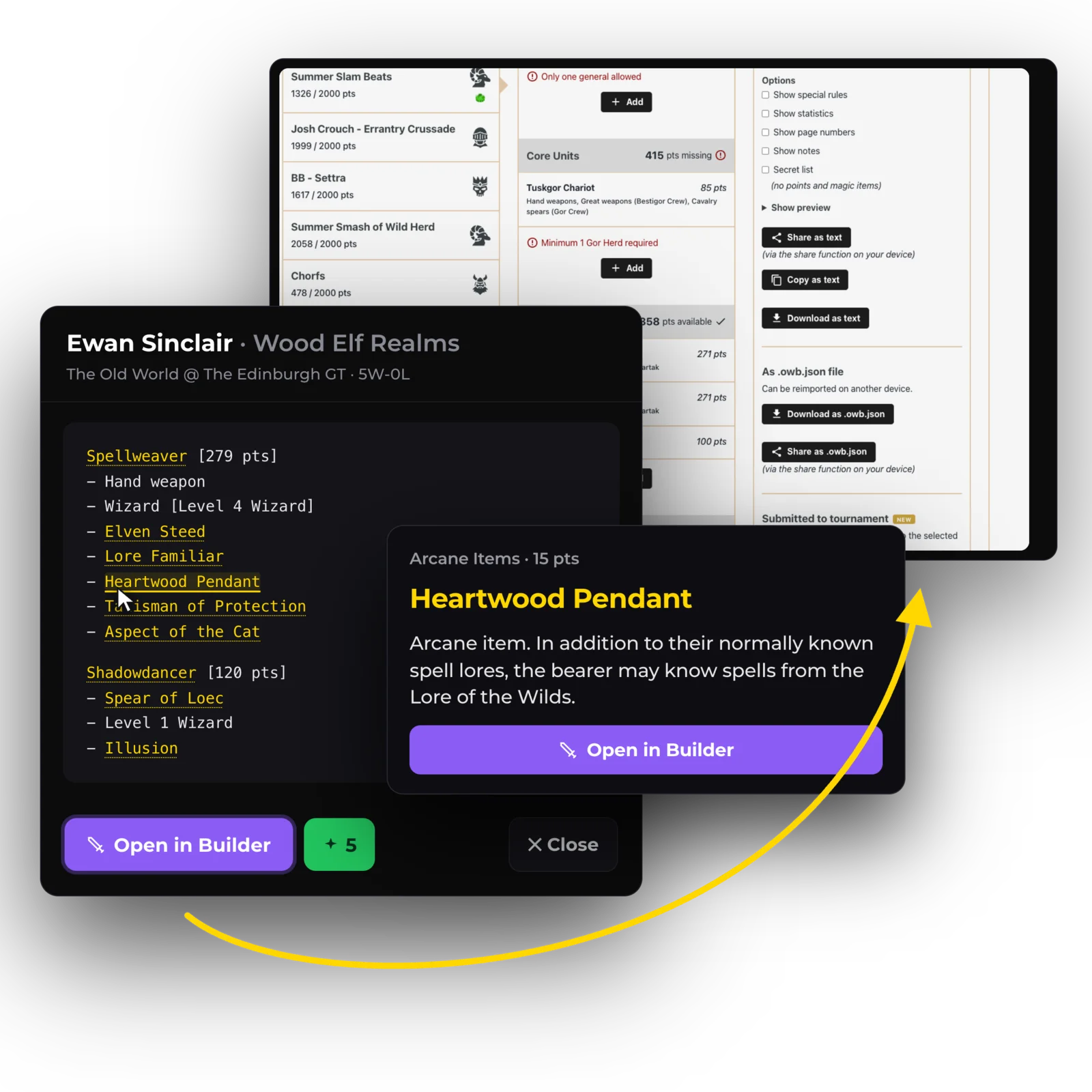 A text army list with underlined terms, a glossary popover explaining the Heartwood Pendant, and export options to open the list in Battle Builder