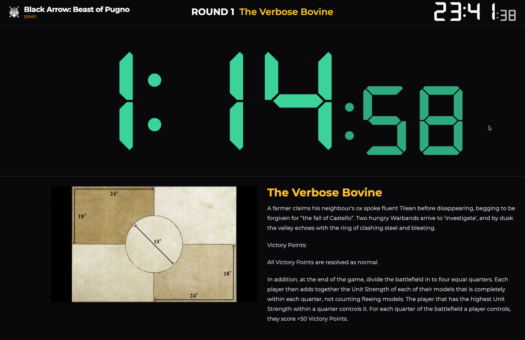 Live Battle Board with round timer and scenario