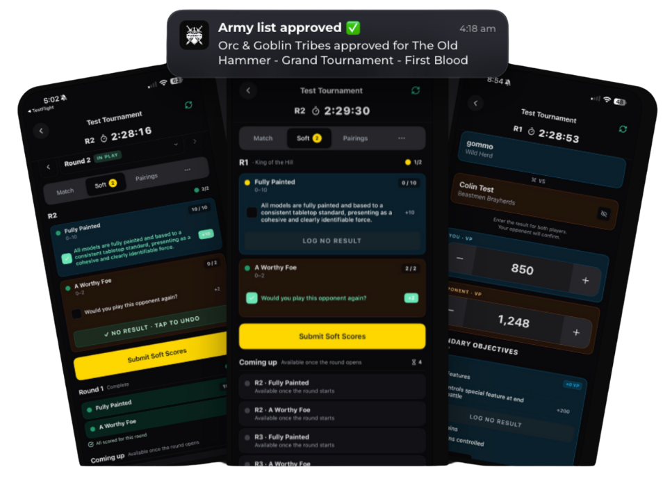 Battle Hub on mobile showing a live round timer, soft scoring, and victory point entry