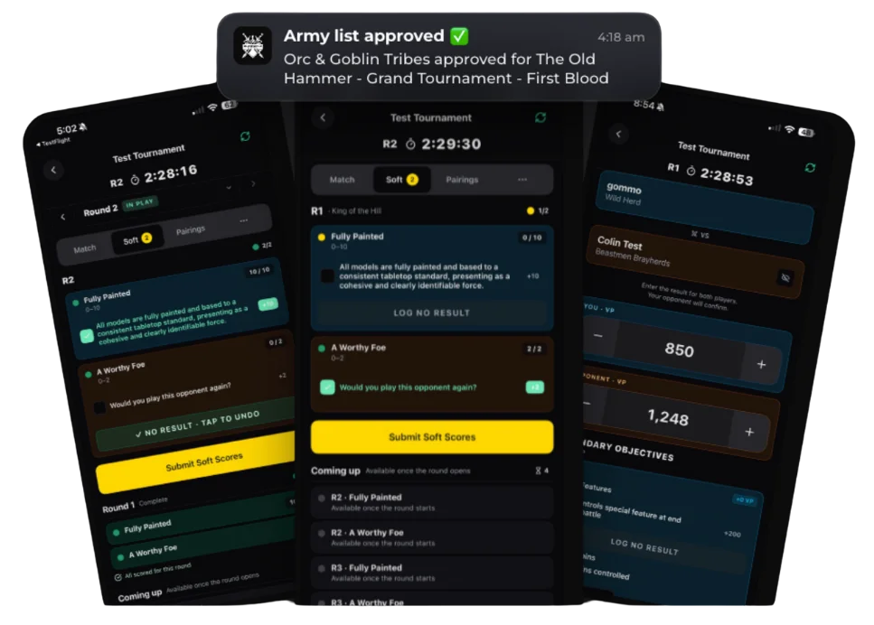 Battle Hub on mobile showing a live round timer, soft scoring, and victory point entry