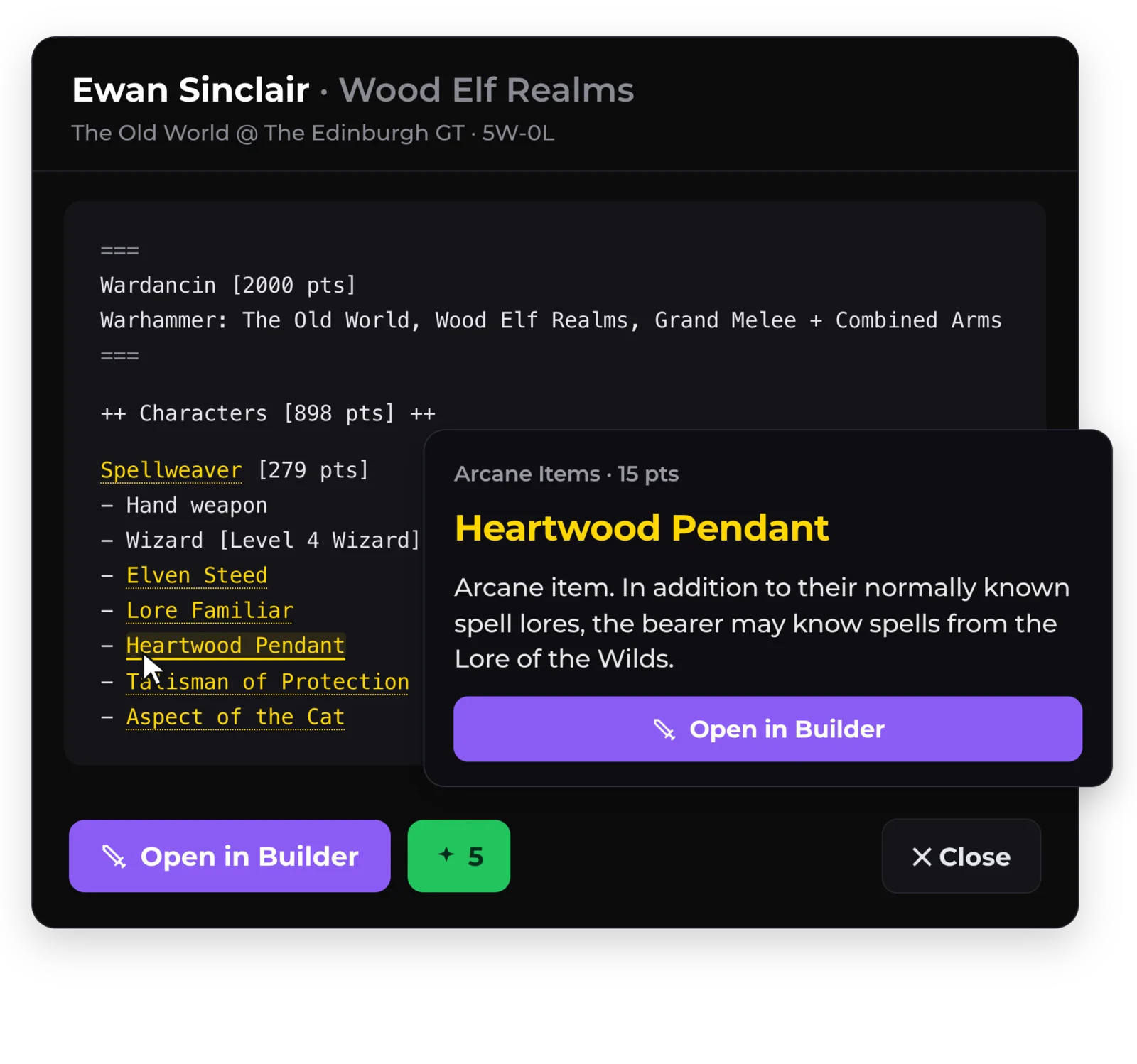 A text army list with a glossary popover explaining the Heartwood Pendant arcane item, and an Open in Builder button