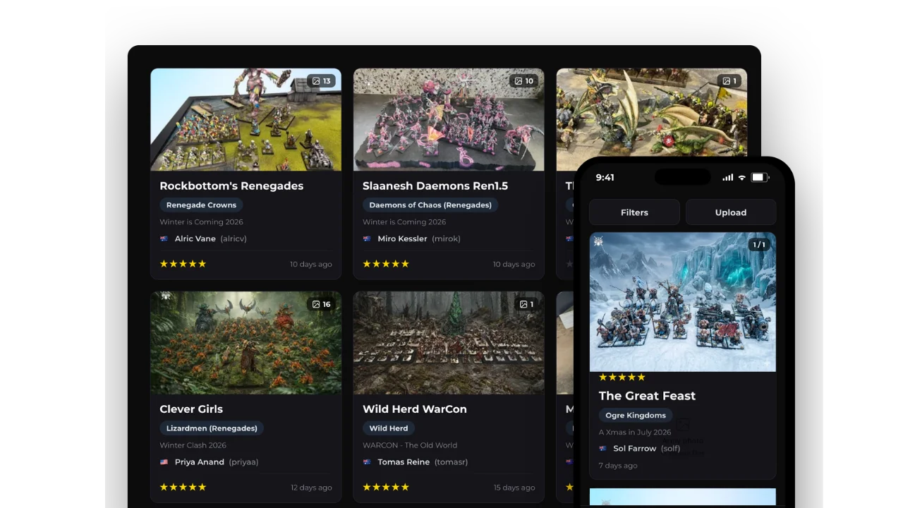 Army galleries browsing page on desktop and mobile, showing painted armies with star ratings