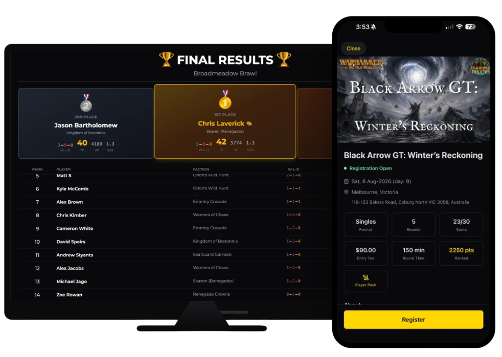 Tournament final results on the battle board alongside event registration on mobile