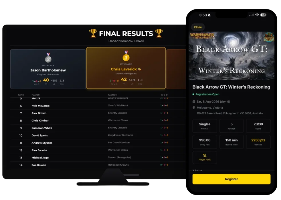 Tournament final results on the battle board alongside event registration on mobile