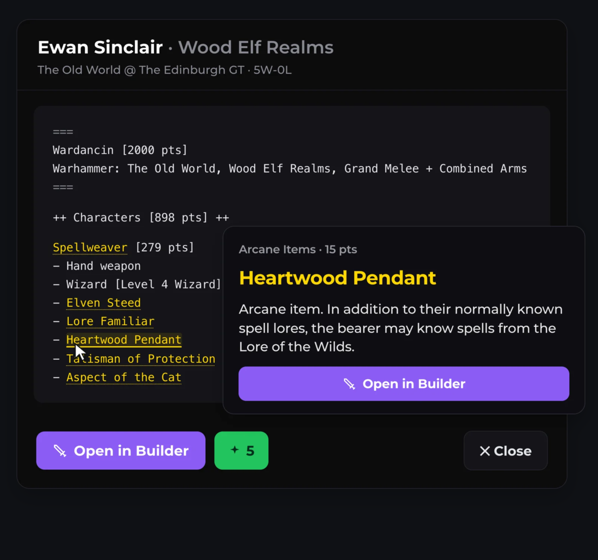 A text army list with an underlined term tapped open, showing the Heartwood Pendant rules inline