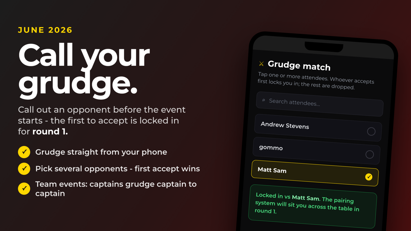 Call your grudge: opponent picker on mobile showing a locked-in grudge match