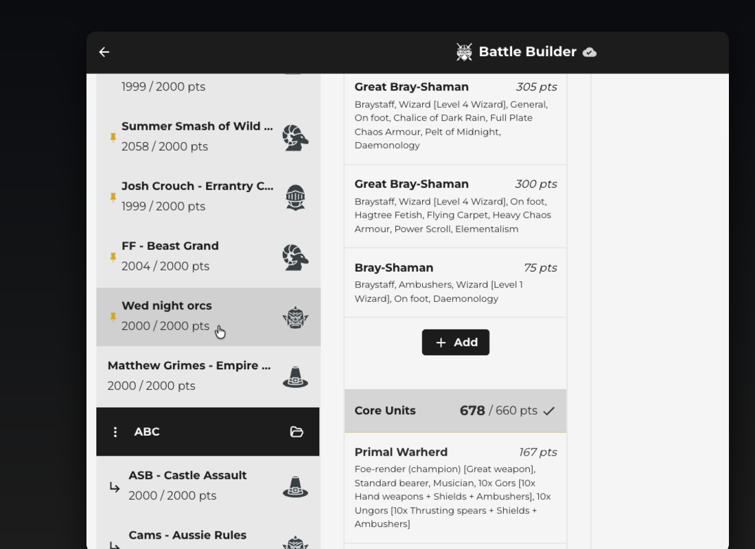 Battle Builder list view with pinned army lists and folder organisation