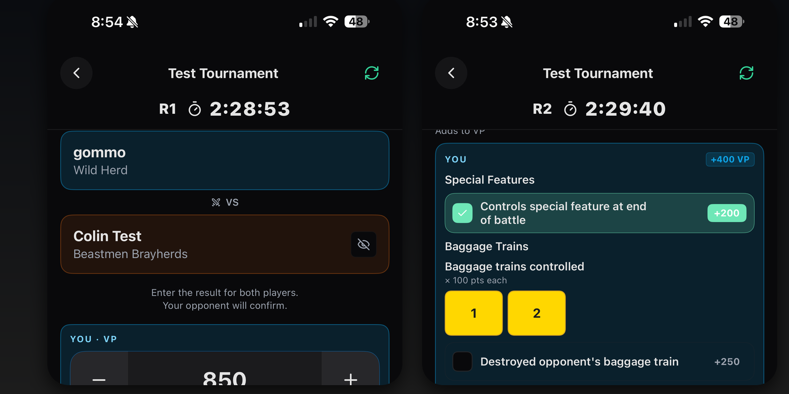 Battle Hub on mobile: match overview, score entry, secondaries, and soft scores