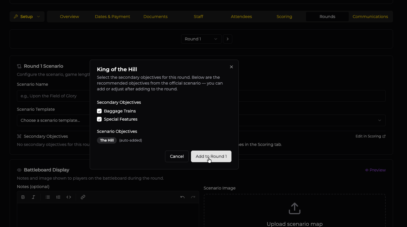 Round configuration dialog selecting King of the Hill scenario with Baggage Trains and Special Features secondary objectives