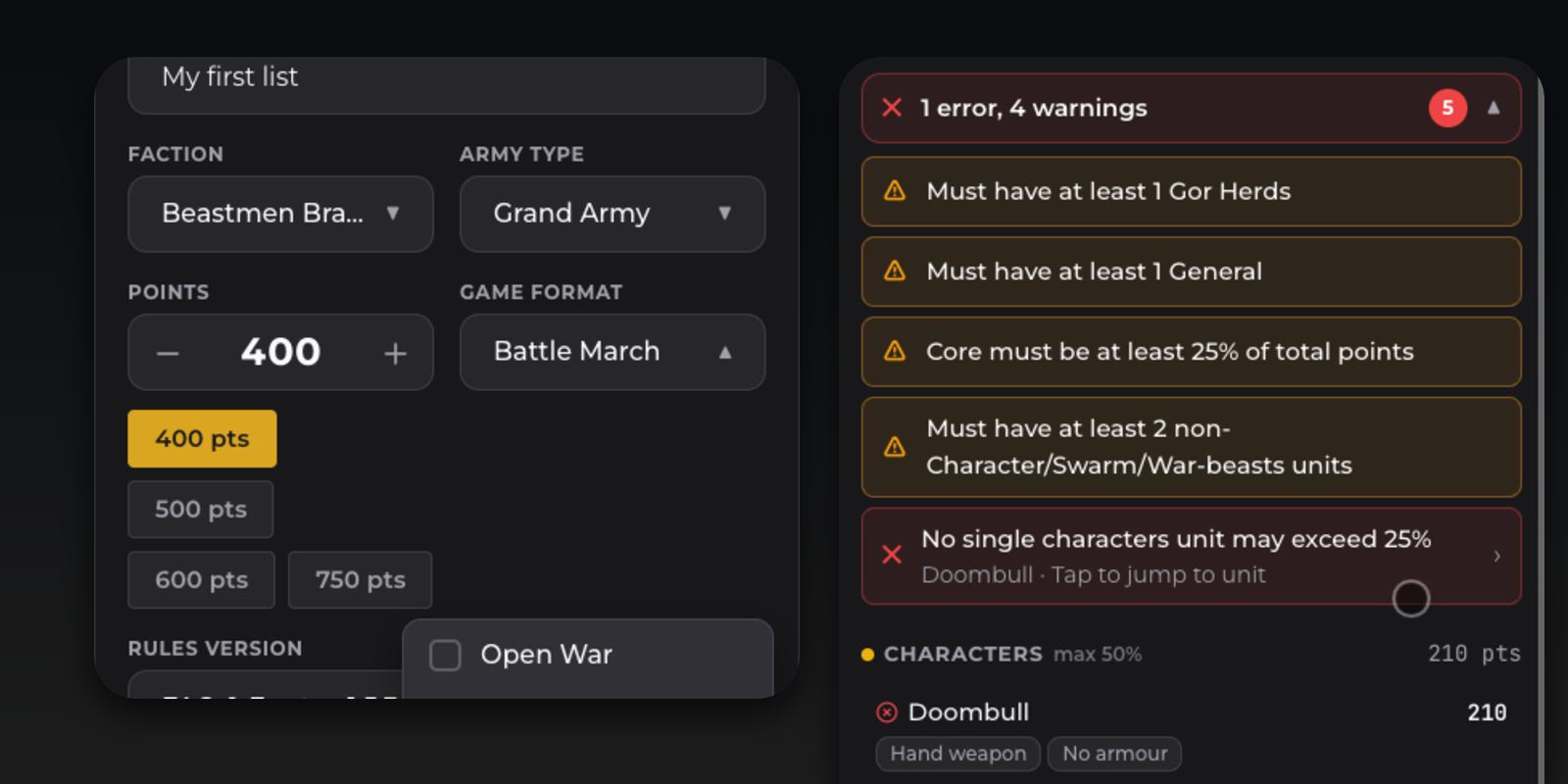 Battle Builder on a phone: Game Format set to Battle March at 400 points, and the live Battle March checks on a list, with Core, Characters and Special caps shown