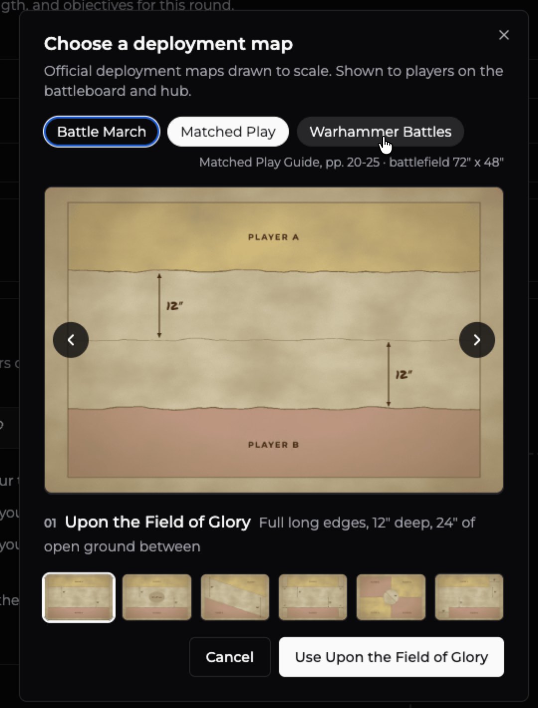 Choose a deployment map, with Battle March, Matched Play and Warhammer Battles tabs and six map thumbnails