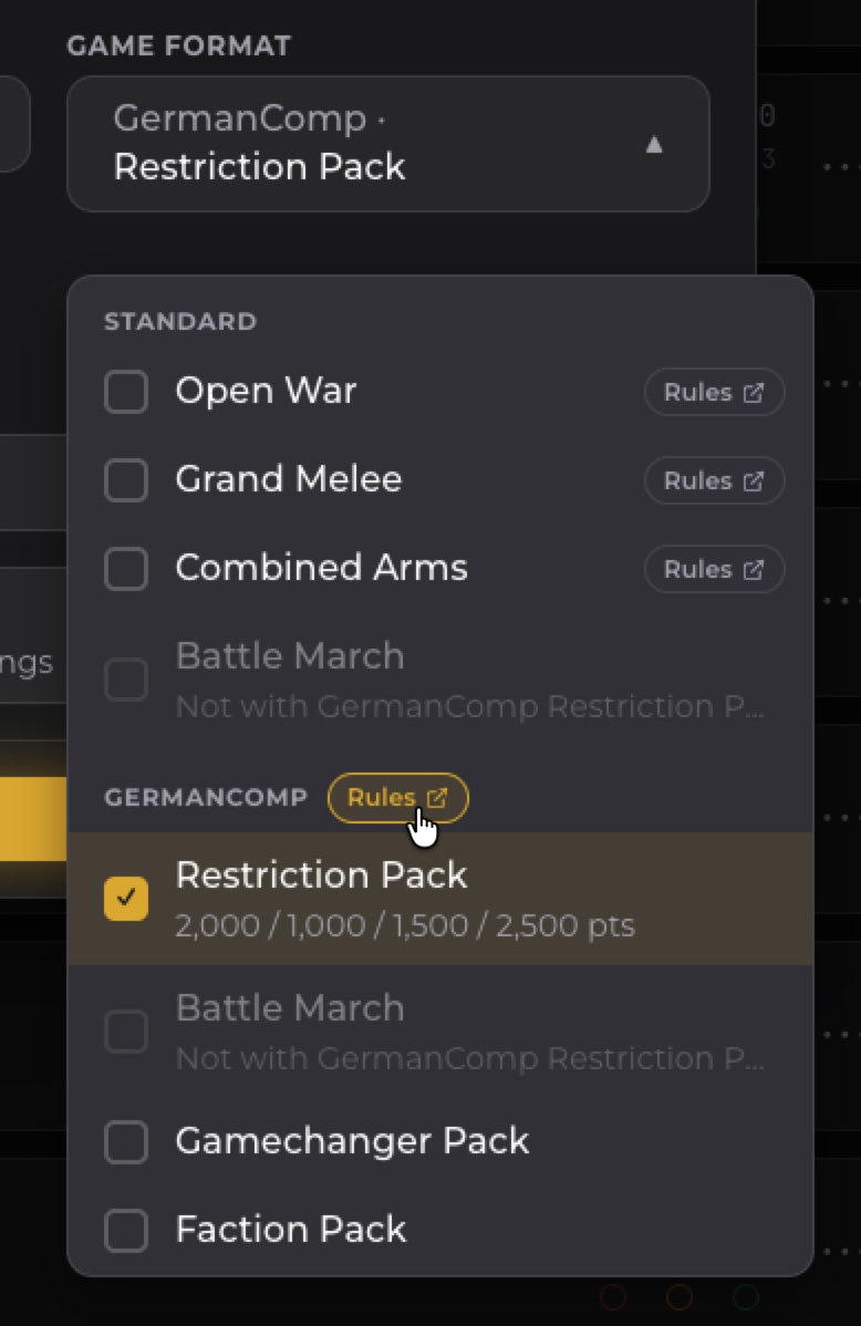 The game format picker with a GermanComp section: Restriction Pack ticked, Gamechanger Pack and Faction Pack below it, each with a Rules link