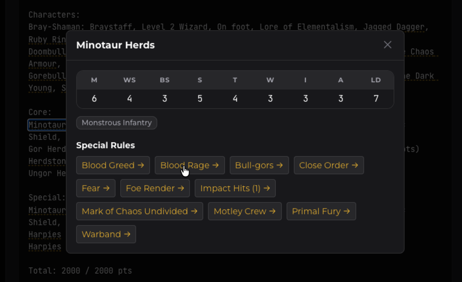 A Minotaur Herds lookup opened from a list, showing the full stat line and every special rule as a tappable chip