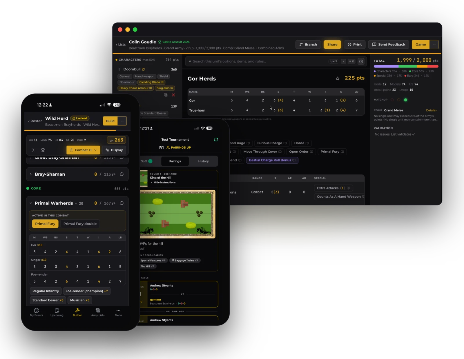 OWR on desktop and mobile: the new Battle Builder, a live tournament round and pairings