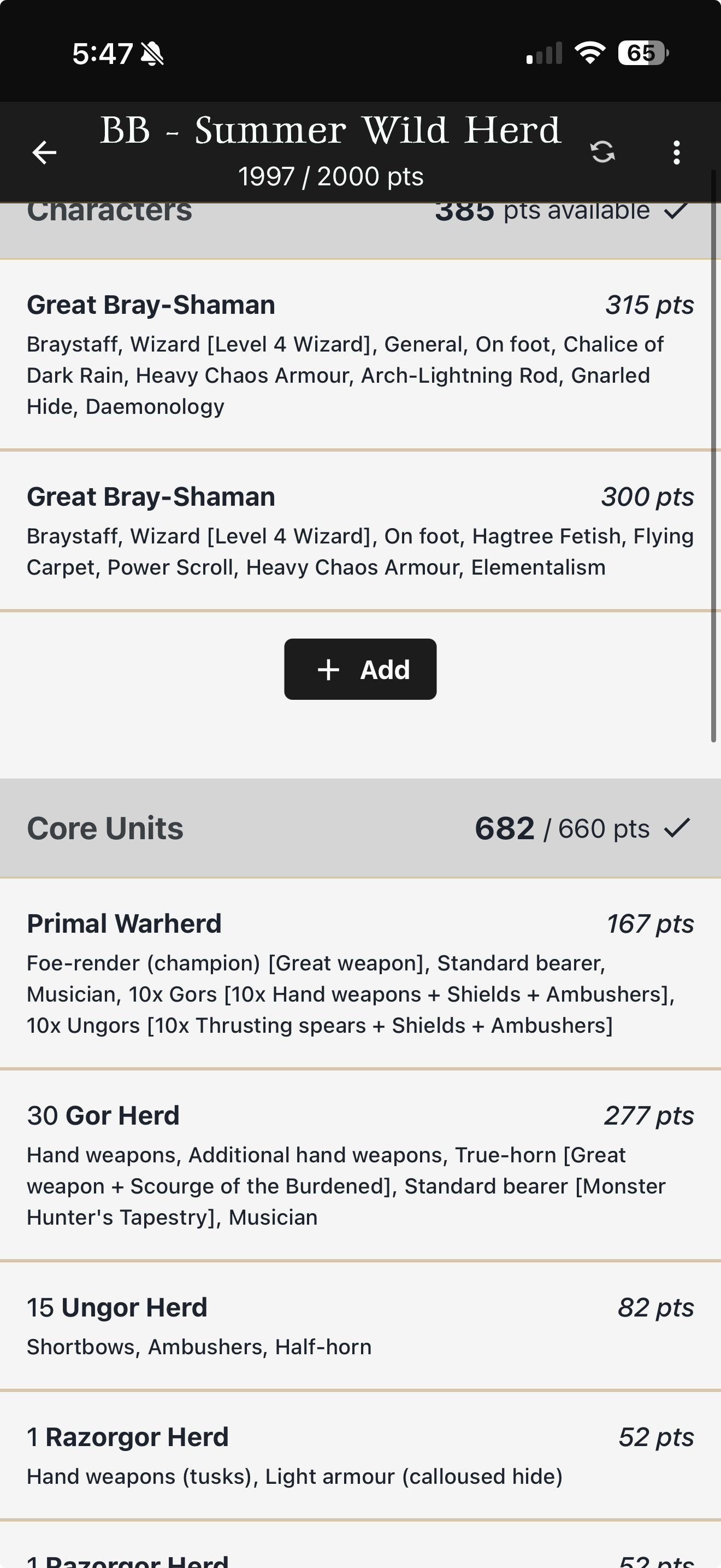 OWR mobile app showing an army list with Characters and Core Units